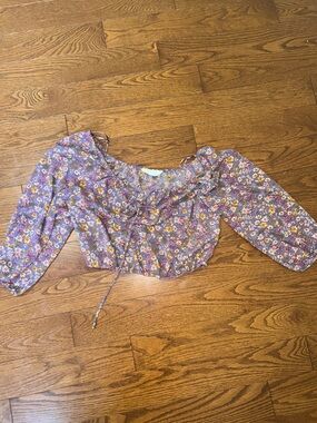 Pink Rose Lavender Floral Puff-Sleeve Crop Top
